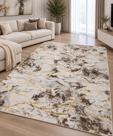 Covoare Dormitor - Covor Modern Elsa 12287/2 Crem cu Auriu, Model Abstract Marmorat