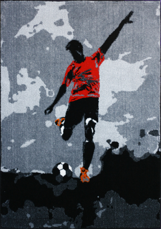 Covoare - Covor Camera Copii Model Fotbalist 11123-192, Gri, Negru, Inaltime Fir 9 mm, Antialergic, Polipropilena, Gradinita, Cresa, Loc de Joaca