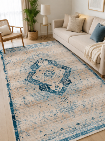 Covoare Living - Covor Modern Living/Dormitor, Model Baroque 525 Crem/Turcuaz