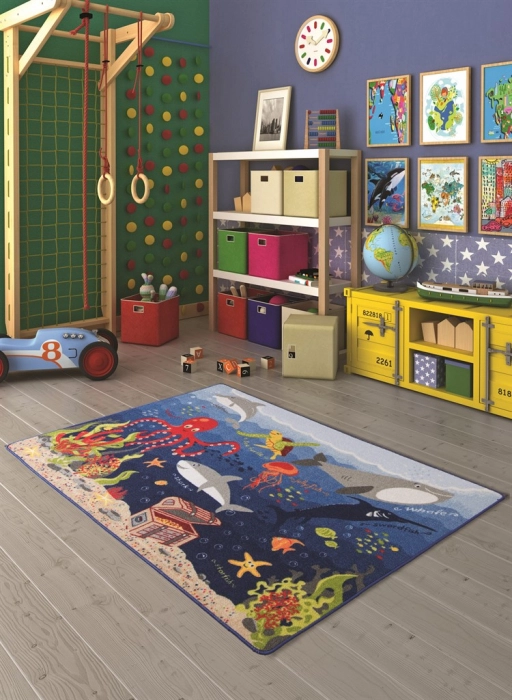 Covoare - Covor Camera Copii Model Deep Water, Albastru, Inaltime Fir 6 mm, Antiderapant, Antialergic, Poliamida, Gradinita, Cresa, Loc de Joaca