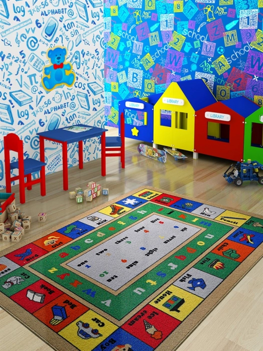 Covoare - Covor Camera Copii Model Lesson, Multicolor, Inaltime Fir 6 mm, Antiderapant, Antialergic, Poliamida, Gradinita, Cresa, Loc de Joaca