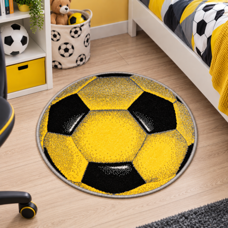 Covoare Copii - Covor Rotund Model Minge Fotbal, Galben