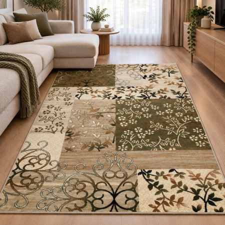 Covoare Living - Covor Sufragerie/Dormitor, Model 1521/116, Dreptunghiular, Crem/Verde