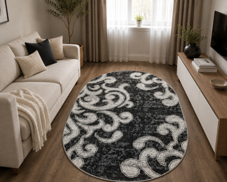 Covoare Living - Covor Sufragerie/ Dormitor, Model Cappuccino16028/610 Ramuri, Gri, Oval