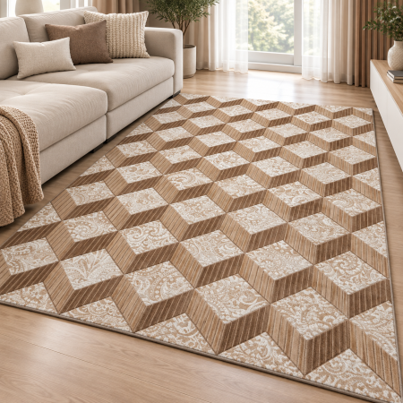 Covoare Living - Covor Sufragerie/Dormitor, Model Cardinal 25505-110, Dreptunghiular, Bej, Efect 3D