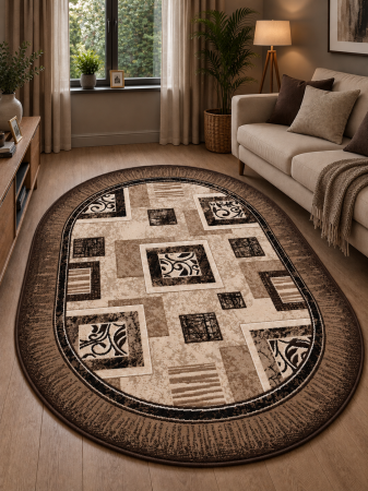 Covoare Living - Covor Sufragerie/ Dormitor, Model Luna 1835/12, Oval, Crem/Maro