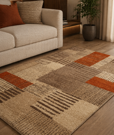 Covoare Moderne si Geometrice - Covor Sufragerie/Dormitor, Model Orlando 22002, Maro/Portocaliu