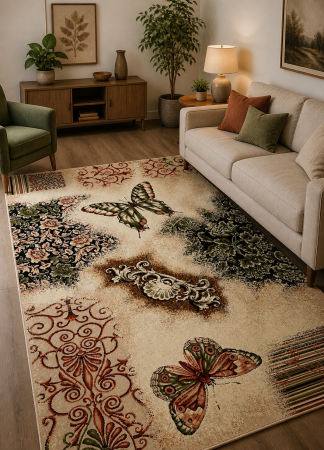 Covoare Living - Covor Sufragerie, Model Fluturi 1607, Bej/Maro