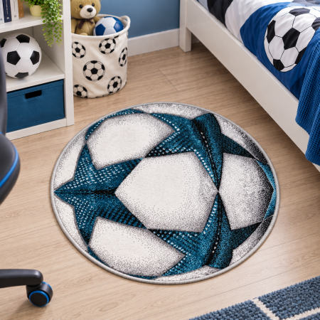 Covoare Copii - Covoras Rotund Copii, Model Minge Fotbal 11199/190, Dimensiune 67x67 cm, Albastru