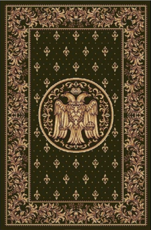Covoare clasice - Covor Model Bisericesc Lotos 15032-310, Imprimeu cu Vultur Bicefal, Verde, Inaltime Fir 9 mm, Antialergic, Polipropilena, Manastire, Biserica, Altar, Naos, Pronaos, Capela, Chilie, Hol, Birou