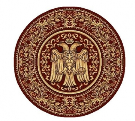 Alege după - Covor Rotund Model Bisericesc Lotos 15032-210, Imprimeu cu Vultur Bicefal, Grena, Rosu, Inaltime Fir 9 mm, Antialergic, Polipropilena, Manastire, Biserica, Altar, Naos, Pronaos, Capela, Chilie, Hol, Birou