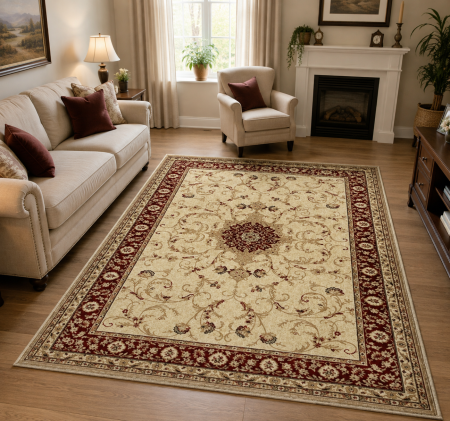 Covoare Living - Covor Sufragerie/ Dormitor, Model Clasic 523/120, Crem/Rosu