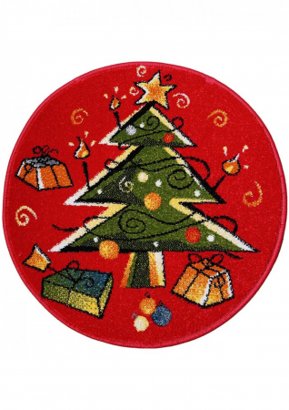 Covoare - Covor Rotund Camera Copii Model Craciun 11505-120, Rosu, Inaltime Fir 9 mm, Antialergic, Polipropilena, Gradinita, Cresa, Loc de Joaca