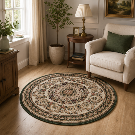Covoare Living - Covor Sufragerie, Model Lotos 539/130, Rotund, Crem/Verde