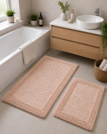 Covorase Baie - Set Covor baie, Clasic, Covor 100% Bumbac, Dimensiunea 60x100/50x80 cm, Roz