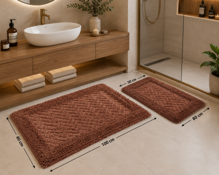 Covorase Baie - Set Covor baie, Covor 100% Bumbac, Dimensiunea 60x100/50x80 cm, Maro