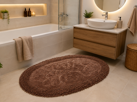 Covorase Baie - Set Covor baie Oval, Covor 100% Bumbac, Dimensiunea 60x100/50x80 cm, Maro