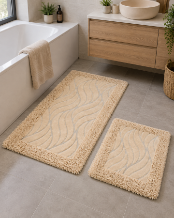 Covorase Baie - Set Covor baie,  Covor 100% Bumbac, Dimensiunea 60x100/50x80 cm, Crem