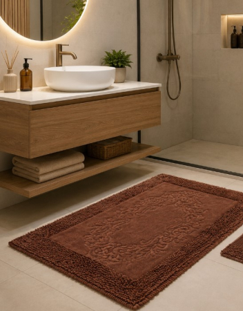 Covorase Baie - Set Covor baie, Clasic, Covor 100% Bumbac, Dimensiunea 60x100/50x80 cm, Maro