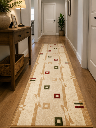 Traverse Moderne si Geometrice - Traversa Hol, Model Lotos 579/110, Festonata la capete, Latime 60 cm, Crem/Bej