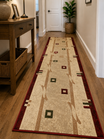 Traverse Moderne si Geometrice - Traversa Hol, Model Lotos 579/120, Festonata la capete, Latime 120 cm, Crem/Rosu