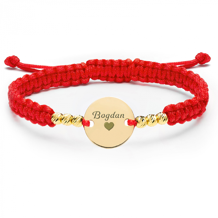 Bratara copil snur impletit cu bilute si banut 10 mm, personalizata cu text Aur 8k [2]