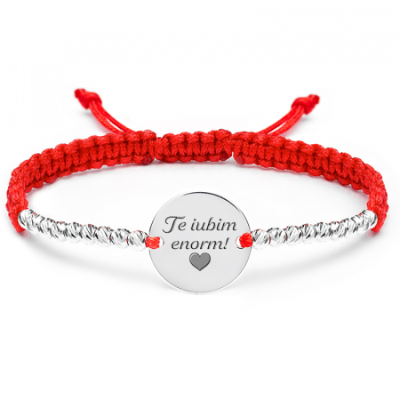 Cu pietre semipretioase - Bratara cu bilute slash si snur impletit 14.5mm personalizat gravura text Argint 925 Premium