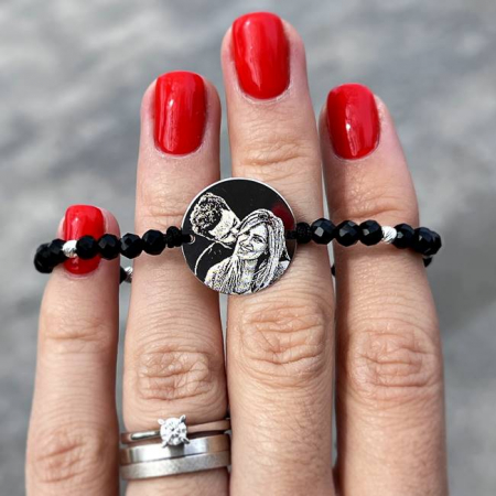 Bratara snur onix fatetat cu bilute si banut 19 mm personalizat gravura cu poza Argint - Te Ador [1]