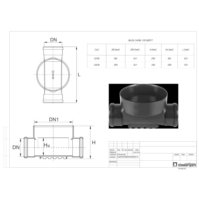 Baza camin canalizare, PP, D 315 mm, 1 intrare + 1 iesire D 160 mm, H 1200 mm, teava corugată [2]