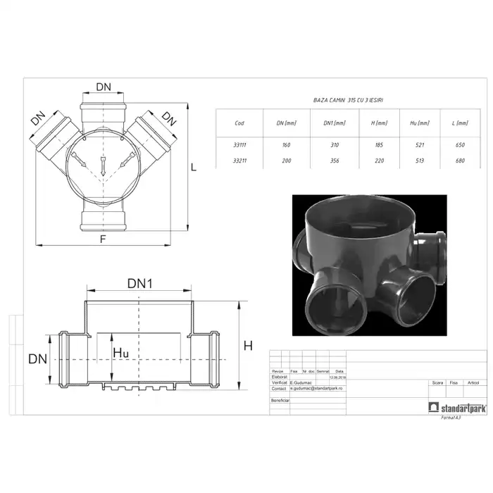 Baza camin canalizare, PP, D 315 mm, 3 intrari + 1 iesire D 160 mm, H 1200 mm, teava corugată [1]
