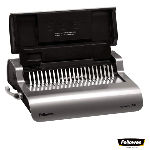 Aparate de indosariat - Aparat indosariat electric, Fellowes Quasar-E 500, cu inele din plastic, diametru maxim spirala 50 mm, capacitate indosariere 500 foi, perforare 25 coli, pentru birou profesional si arhivare intensiva