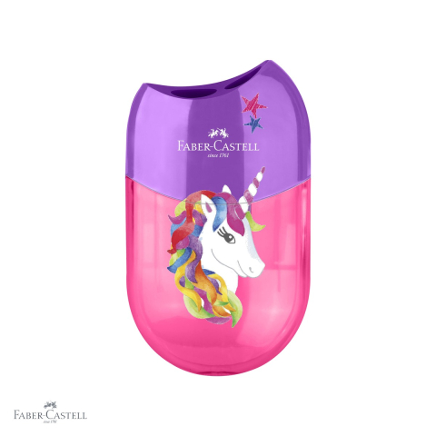 Birotica papetarie - Ascutitoare dubla cu container Faber-Castell, model unicorni, pentru creioane subtiri si groase