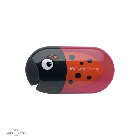 Birotica papetarie - Ascutitoare dubla Faber-Castell cu container si radiera, design buburuza, pentru copii