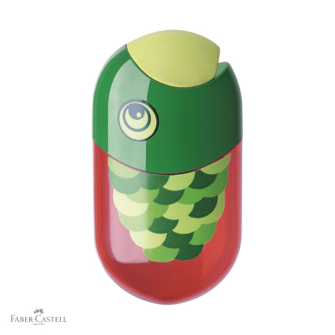 Birotica papetarie - Ascutitoare dubla Faber-Castell cu container si radiera, forma ergonomica, design pentru copii