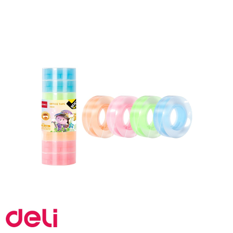 Benzi adezive pentru birou si ambalare - Banda adeziva cu cotor colorat Deli, 18 mm x 27 m, adeziv puternic, pentru birou si uz general