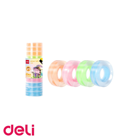 Benzi adezive pentru birou si ambalare - Banda adeziva Deli cu cotor color, 12mm x 27m, adeziv puternic, pentru birou si uz general
