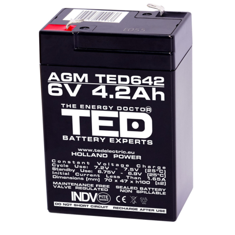 Baterii acumulatori standard - Baterie 6V 4.2Ah VRLA AGM Stationara TED Electric, pentru UPS, Echipamente Medicale si Sisteme de Securitate, 70 x 48 x 101 mm, TED642
