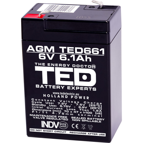 Acumulatori Speciali - Baterie 6V 6.1Ah VRLA AGM Stationara TED Electric , pentru UPS, Echipamente Medicale, Sisteme de Securitate si Iluminat, 70 x 48 x 101 mm, TED661