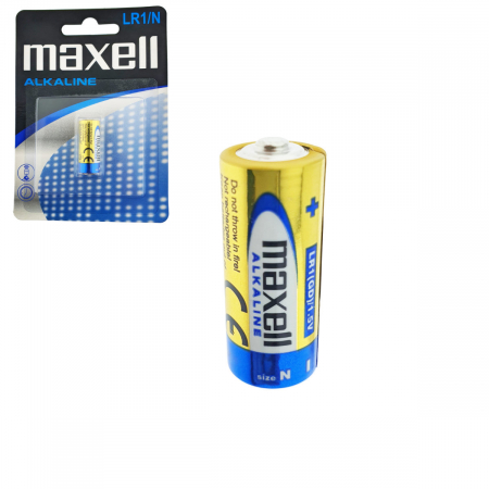 Baterii Alcaline LR1 910A - Baterie alcalina Maxell LR1 / N / AM5, 1.5V, capacitate 800-1000 mAh, 12mm diametru x 30mm inaltime, in blister