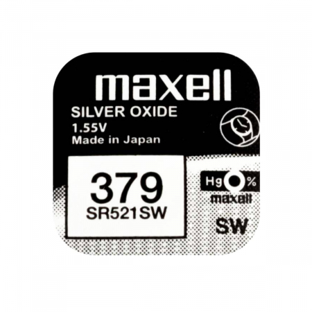 Baterii ceas Silver Oxide - Baterie de ceas tip buton, Maxell SR521SW / 379 / AG0, 1.55V, 5.8mm diametru x 2.15mm inaltime, capacitate 13-16 mAh, oxid de argint, in blister o bucata