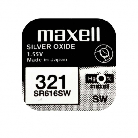 Baterii ceas Silver Oxide - Baterie de ceas tip buton, Maxell SR616SW 321, 1.55V, 6.8mm diametru x 1.65mm inaltime, capacitate 15-16 mAh, oxid de argint, in blister o bucata