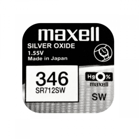 Baterii ceas Silver Oxide - Baterie de ceas tip buton, Maxell SR712SW 346, 1.55V, 7.9mm diametru x 1.29mm inaltime, capacitate 10 mAh, oxid de argint, in blister o bucata