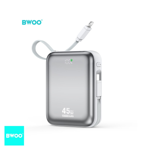 Energy - Baterie externa pentru laptop (power bank) BWOO P77, 10000 mAh, USB-A + 2x USB-C, 45W, cu cablu inclus, gri