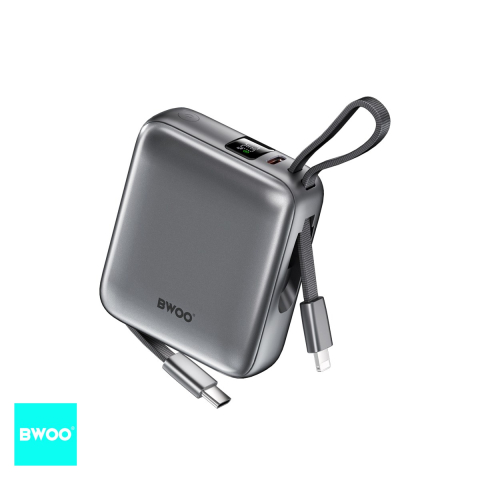 Energy - Baterie externa (power bank) BWOO P74, 10000 mAh, USB-A + USB-C, 22.5W, cu cablu inclus, argintiu