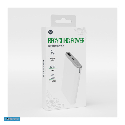 Energy - Baterie externa reciclata (power bank) Forever RPB-05-18, 5000 mAh, USB-A + USB-C, cu cablu inclus, alb