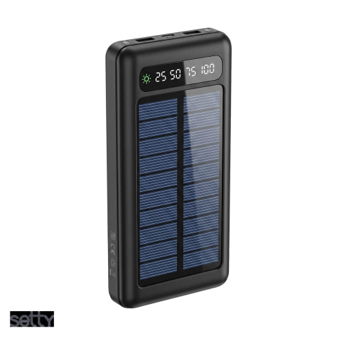 Energy - Baterie externa solara (power bank) Setty SLR-100, 10000 mAh, USB-A + USB-C + microUSB, cu cablu inclus, negru