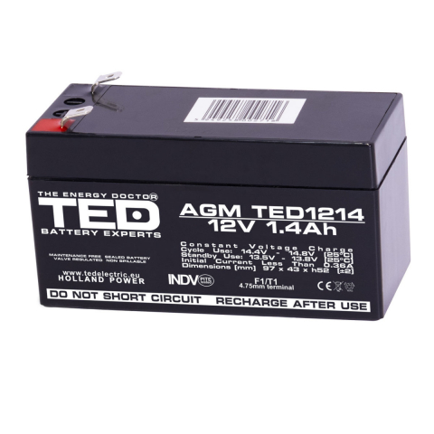 Acumulatori Speciali - Baterie Reincarcabila F1/T1 12V Stationara VRLA 1.4Ah AGM, Dimensiuni 97x47x50 mm, TED Electric TED1214, pentru UPS mici, echipamente medicale portabile, sisteme de securitate, iluminat de urgenta, di