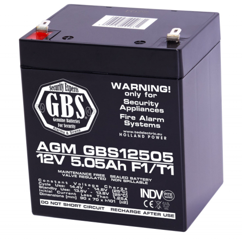 Energy - Baterie Reincarcabila F1/T1 12V Stationara VRLA 5.05Ah AGM, Dimensiuni 90x70x107 mm, TED Electric GBS12505, pentru sisteme de securitate, de alarma, control acces, sisteme CCTV
