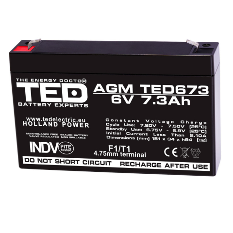 Energy - Baterie Reincarcabila F1/T1 6V Stationara VRLA 7.3Ah AGM, Dimensiuni 151x34x94 mm, TED Electric TED673, pentru Jucarii Electrice, Echipamente Medicale, Securitate, Iluminare