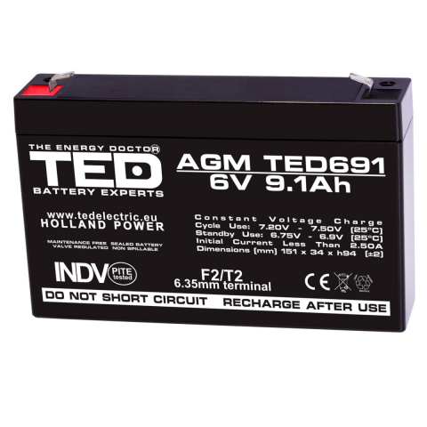 Energy - Baterie Reincarcabila F1/T1 6V Stationara VRLA 9.1Ah AGM, Dimensiuni 151x34x95 mm, TED Electric TED691, pentru Jucarii Electrice, Echipamente Medicale, Securitate, Iluminare
